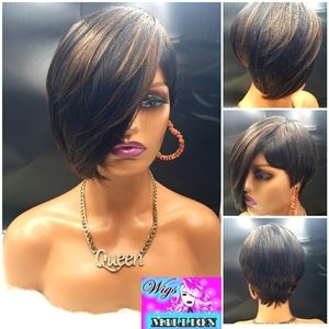 Quistine" Synthetic Short Pixie Cut Layered, Slanted Heat Resistant  Full Cap